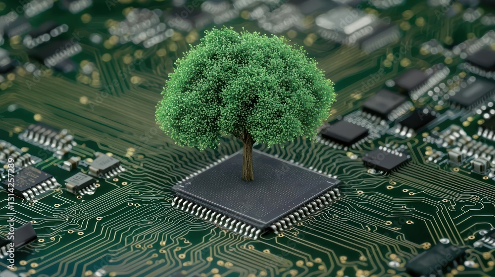 Poster green tree growing from computer chip on green circuit board symbolic of environmental technology