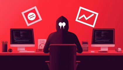 A mysterious figure in a hoodie sits at a computer, surrounded by digital symbols, evoking themes of hacking and data analysis against a red backdrop.