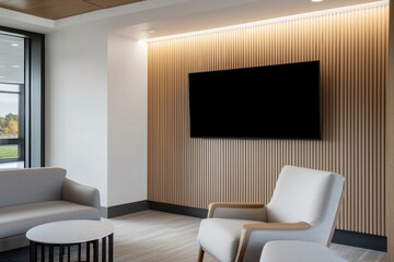 Modern interior featuring a minimalist design with two armchairs, a round table, and a wall-mounted TV against wooden paneling.