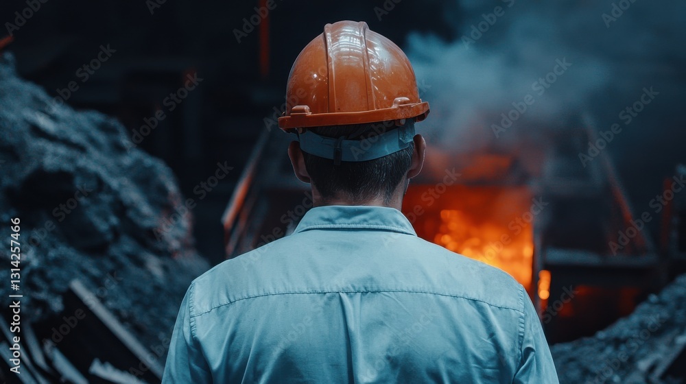 Poster a man in a hard hat stands in front of a pile of rocks and a fire