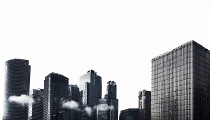 고층 빌딩 실루엣과 작은 구름이 배치된 도시 풍경