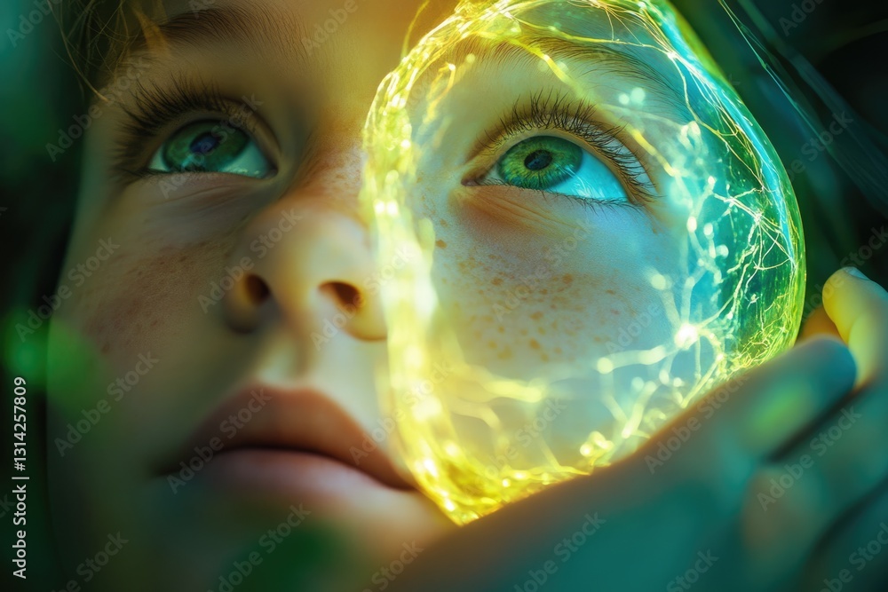 Poster a child's face partially obscured by a glowing, ethereal orb, creating a mystical and futuristic fee