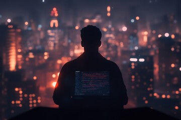 digital entrepreneur working on touchscreen laptop with city skyline