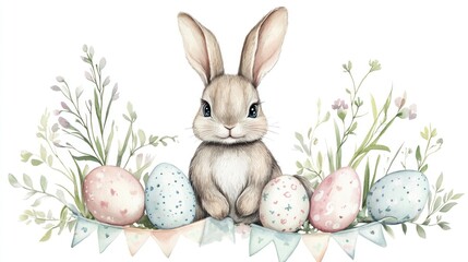 Fototapeta premium Cute Easter bunny surrounded by colorful eggs and flowers