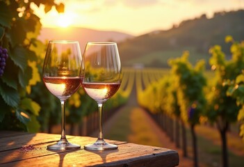 elegant wine glasses displayed rich vineyard ambiance inviting viewing experience, bottles, grapes, landscape, cork, harvest, tasting, nature, rustic, color