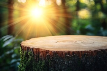 Tree stump wooden cut with green moss in the forest. Nature background. High quality photo