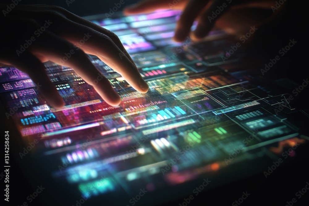 Poster a professional engaged in digital marketing with multiple virtual screens showcasing financial data