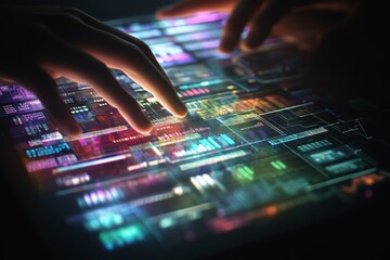 A professional engaged in digital marketing with multiple virtual screens showcasing financial data