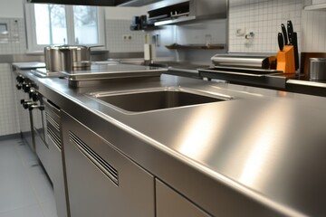 Modern corporate kitchen setup showcasing a polished stainless steel counter for professional chefs