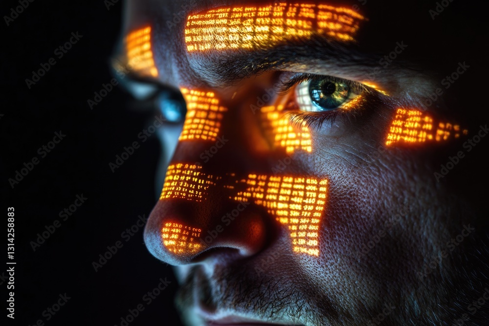 Aufkleber close-up of a man's face illuminated with glowing digital code, futuristic concept.