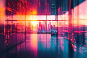 Finance, operations, and marketing strategies in a neon-lit cyberpunk office with IT overlays