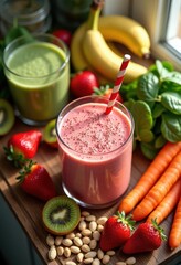 colorful arrangement fresh smoothie ingredients featuring nuts delightful nutritious blend, banana, strawberry, cherry, spinach, mango, blueberry