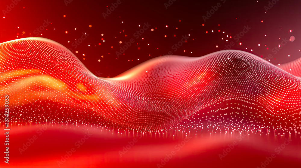 Poster red background, red particles move in the form of waves from left to right, with points and lines, a