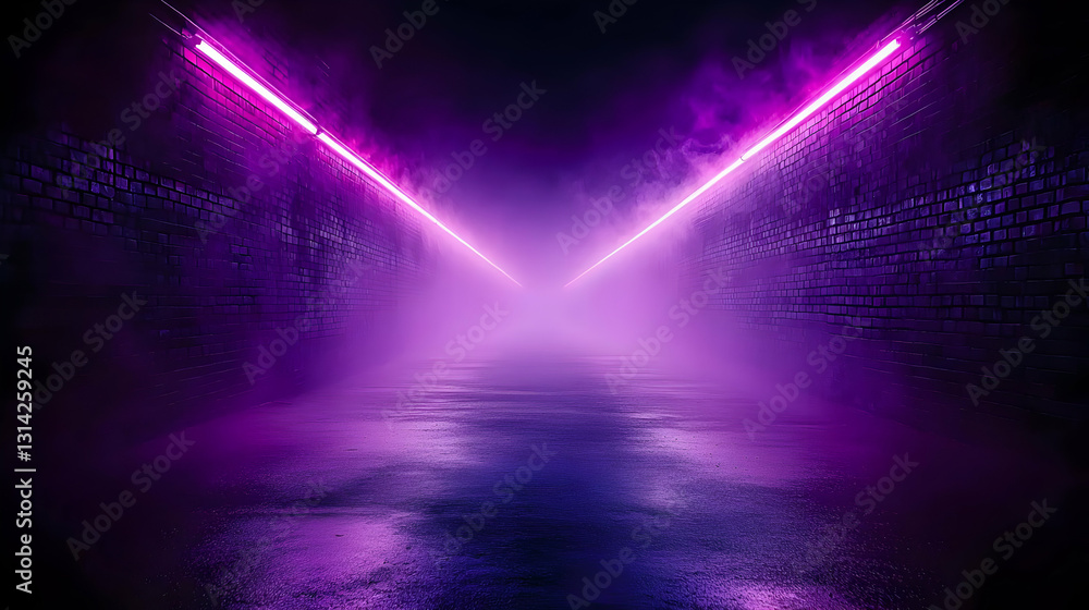 Poster purple neon lights illuminating a dark empty space with smoke and reflections on a wet floor in a mo