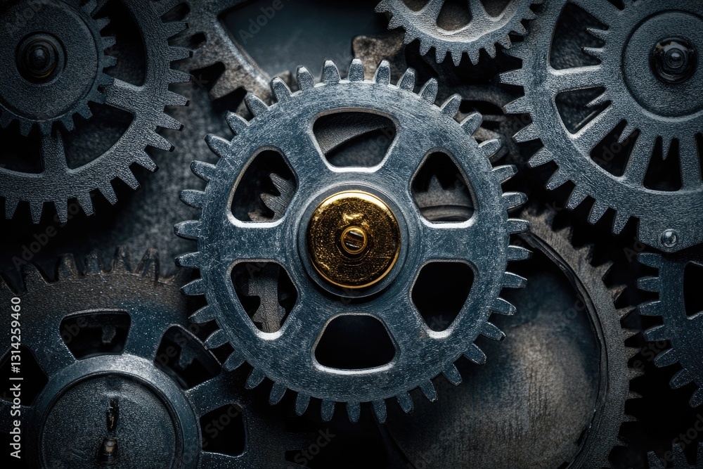 Poster close-up of intricate metal gears interlocked, showcasing precision engineering and mechanical compl