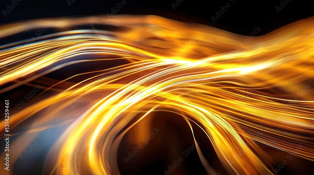 Poster dynamic abstract composition of golden light streaks with motion blur against dark background