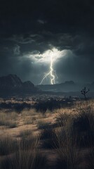 Fototapeta premium A dramatic landscape featuring a lightning strike illuminating a dark, stormy sky.