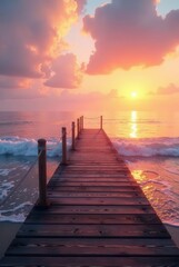 Fototapeta premium Serene Sunset Over the Ocean Wooden Dock Extending into Calm Waves at Golden Hour
