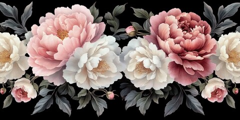 Seamless vintage floral pattern peonies roses dark background watercolor design for textiles interior wallpaper