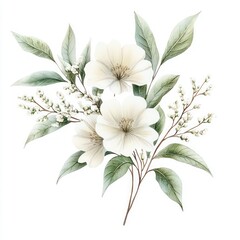 Watercolor White Flowers and Green Leaves Bouquet for Greeting Card Wedding Birthday Invitation Decoration