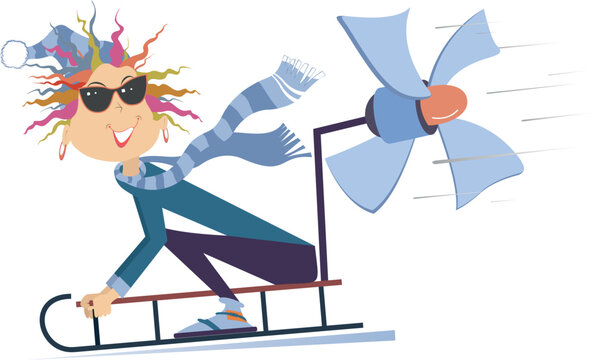 woman sledding with fan, winter fun clip art preview