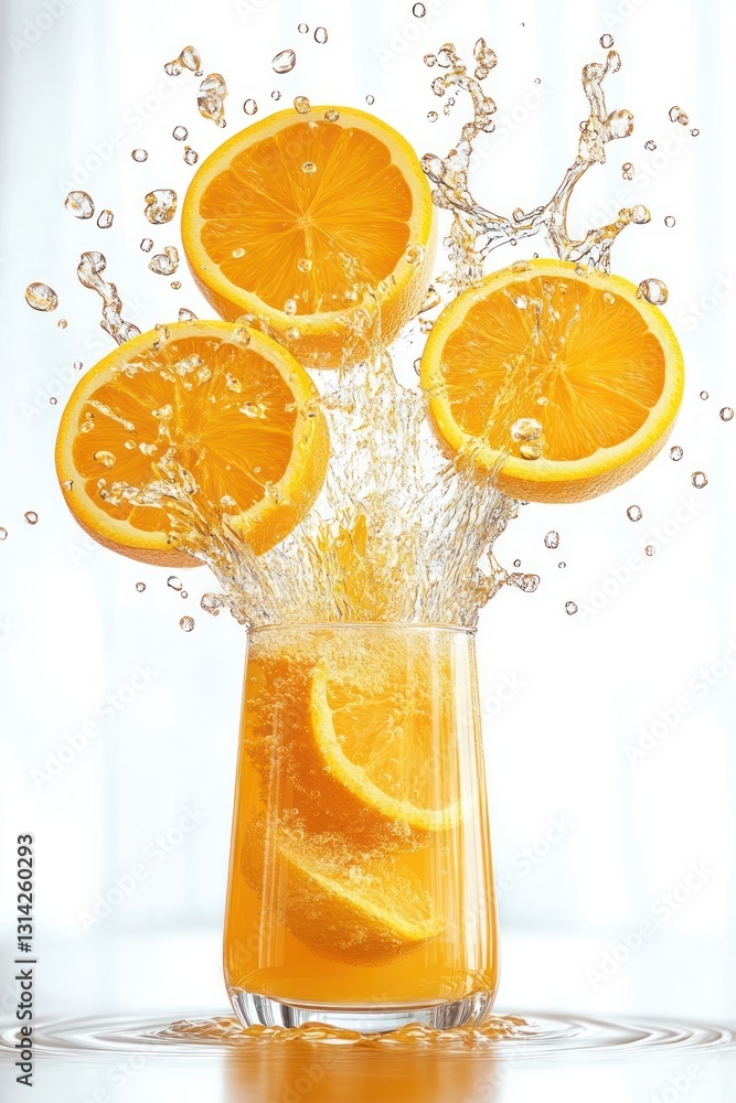 Poster orange juice with floating orange slices and splashing drops on white background