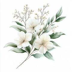 White Flowers and Green Leaves Watercolor Illustration for Greeting Cards Invitations and Summer Decor