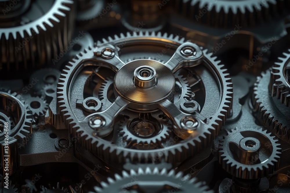 Poster intricate clockwork mechanism, gears interlock, showcasing precision engineering and complex movemen