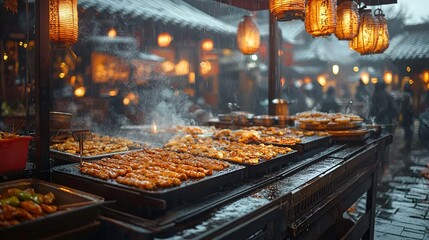 Rainy Street Food Market, China, Outdoor Cooking, Evening Scene, Tourist Attraction, Possible Use Stock Photo