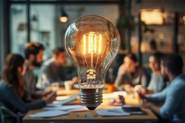 Bright idea illuminating a team brainstorming session, sparking innovation and collaboration.
