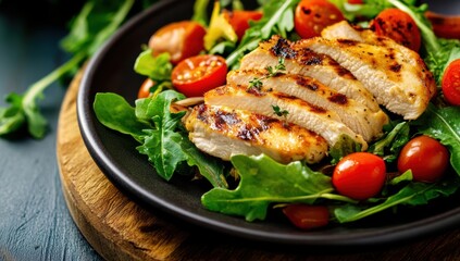 Grilled chicken salad with fresh cherry tomatoes green lettuce and nuts served in a black bowl on a rustic wooden table