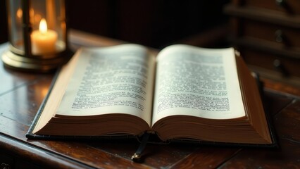 Fototapeta premium An open antique book rests on a dark wooden surface near a softly glowing candlelight in a lantern.