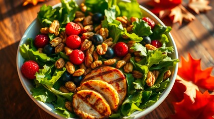 Bowl of fresh salad with mixed greens, berries, pecans and grilled chicken slices, in warm fall setting