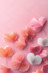 Fototapeta premium Valentine Day Scene with Soaring Paper Hearts in Pastel Pink Background for Love Advertising Wedding Invitation Card
