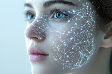 A woman's face with a futuristic digital network overlay, symbolizing technology and connection.