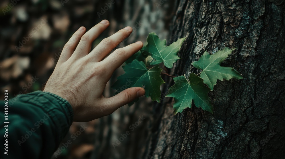 Aufkleber close-up of hand touching maple leaves on tree bark in tranquil forest setting