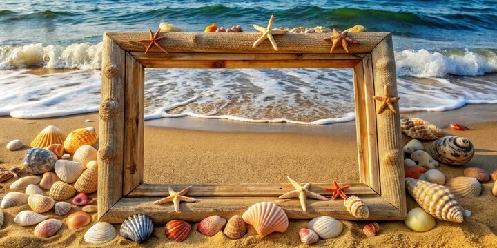 Weathered wooden frame partially submerged in sandy beach, with ocean waves gently lapping at its edges, surrounded by seashells and pebbles , beach scene, nautical theme