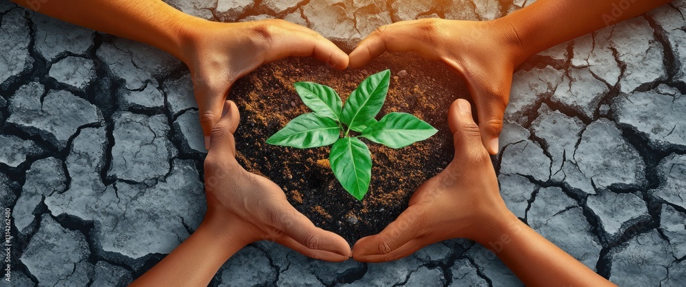 Poster unity and growth in ecology through diverse hands supporting a seedling amidst drought