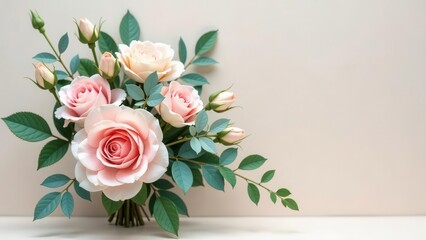Obraz premium A Delicate Arrangement of Pastel Pink Roses and Lush Green Foliage, a Stunning Floral Display Against a Soft Neutral Background
