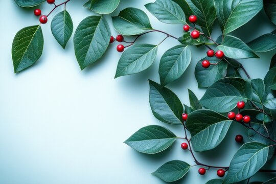 Christmas background with holly branches and red berries on white surface for winter holiday designs