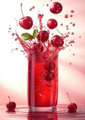 Cherry Juice Splash with Flying Cherries and Green Leaves on White Background