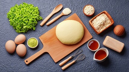Elegant flat lay display of ingredients for a cheese pie arranged artistically with utensils and baking tools in bright lighting
