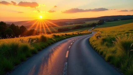 Fototapeta premium Serene Sunset Drive on a Winding Country Road, Golden Hour Landscape Photography