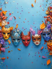 Obraz premium A lively scene of masquerade masks, predominantly in shades of blue and purple with accents of gold and silver, arranged against a backdrop of autumn leaves. The image captures the festive spirit of a