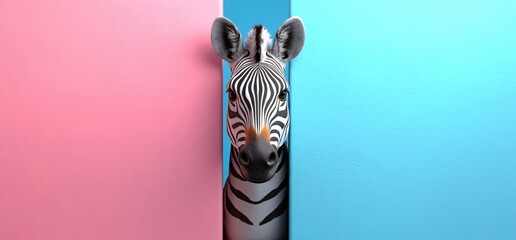 A playful zebra peers over pastel walls, ideal for invitations, advertising, or decor for children's parties and birthdays with a whimsical, creative theme.