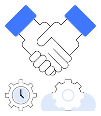 Two hands shaking symbolizing partnership, gears representing teamwork and a clock for time management. Ideal for business management, collaboration, efficiency, productivity, partnership, teamwork