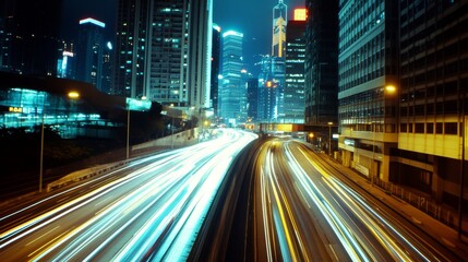 Obraz premium City lights blur into stunning trails as traffic rushes through a vibrant metropolis under the night sky's embrace.