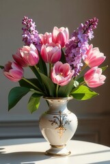 Obraz premium Sunlit Bouquet of Pink Tulips and Lilac in an Ornate Vase on a Table