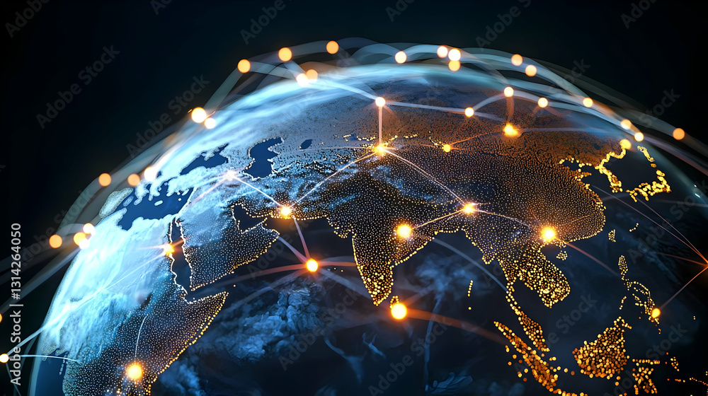 Poster illuminated globe with interconnected orange nodes depicting global network at night on dark blue ba
