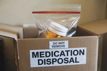 Instructions for safe medication disposal in a designated box at a healthcare facility